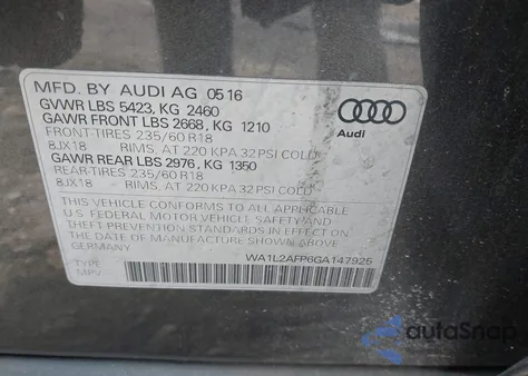 2016 Audi Q5 2.0T Premium z USA, uszkodzony, nr VIN WA1L2AFP6GA147925